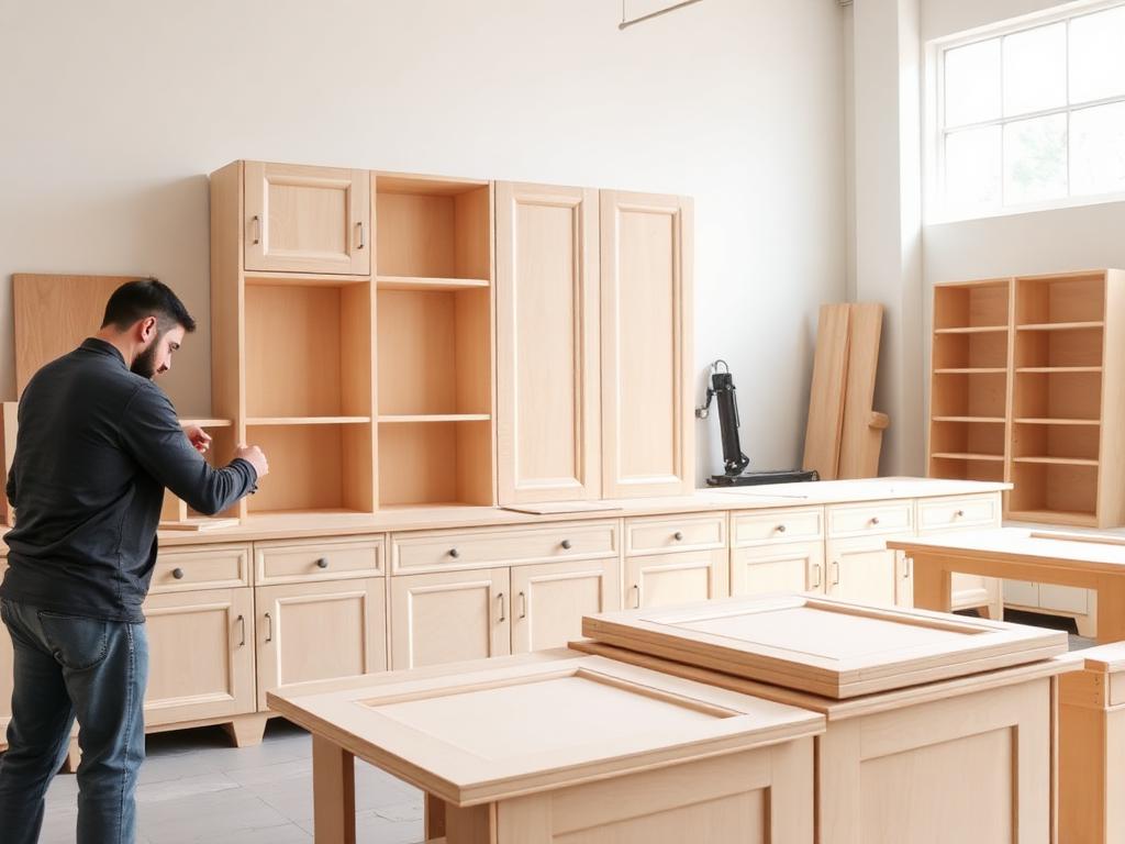 Cabinet workshop with plywood cabinet boxes and doors