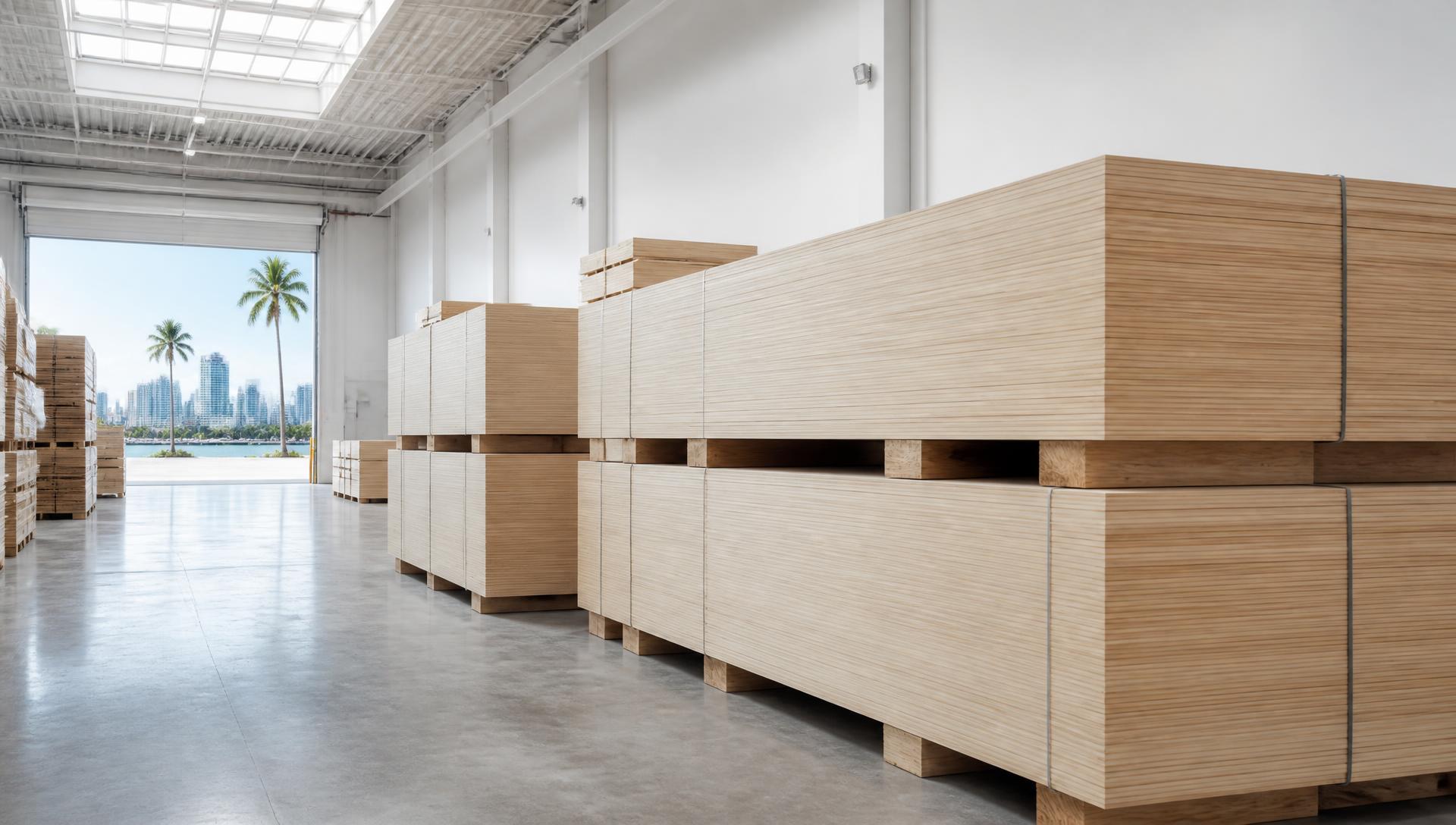 Plywood panels stacked in the bright OceanWood warehouse in Miami
